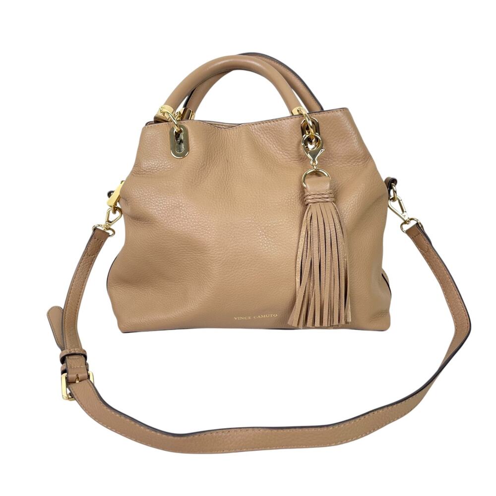 Vince Camuto Elva Handbag Camel Tan Pebbled Genuine Leather 3 Section Satchel